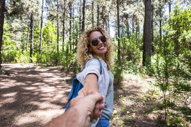 Mature couple holding hands while exploring in forest - SIPF02309
