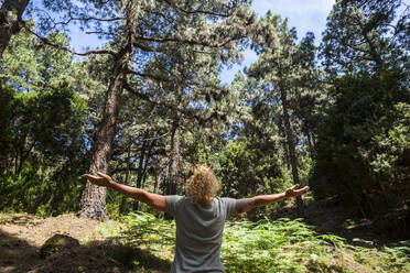 Woman standing with arms outstretched in forest - SIPF02313