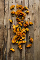 Nahaufnahme von essbaren orangefarbenen Calendula-Blüten aus hohem Winkel - MINF16243