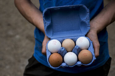 Close up of person holding blue carton of brown and white eggs. - MINF16246