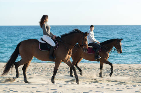 Seitenansicht einer jungen Frau mit ihrem Freund beim Reiten von reinrassigen Hengsten am Sandstrand gegen das wogende Meer unter blauem Himmel - ADSF25851