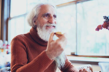 Älterer Mann mit grauen Haaren und Bart genießt ein leckeres Brot mit Tomate beim Frühstück - ADSF25969