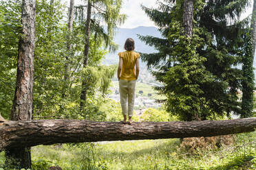 Frau betrachtet die Aussicht, während sie auf einem umgestürzten Baum im Wald steht - DIGF16073
