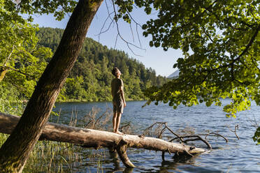 Man standing on fallen tree at lakeshore during sunny day - DIGF16084