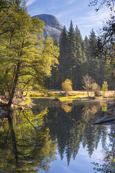 Herbstliche Reflexionen auf dem Fluss Merced im Yosemite Valley, Yosemite-Nationalpark, UNESCO-Welterbe, Kalifornien, Vereinigte Staaten von Amerika, Nordamerika - RHPLF19985