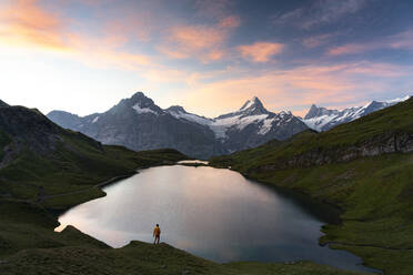 Wanderer bewundert den Sonnenaufgang vom Ufer des Bachalpsees, Grindelwald, Berner Oberland, Kanton Bern, Schweiz, Europa - RHPLF19997