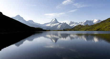 Das Schreckhorn spiegelt sich im Bachalpsee in der Morgendämmerung, Grindelwald, Berner Oberland, Kanton Bern, Schweiz, Europa - RHPLF20105