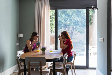 Happy young female friends in casual outfits having delicious lunch together and chatting while gathering at dining table in light apartment - ADSF26280