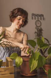 Smiling woman with brown hair taking care of houseplants at home - MGRF00330