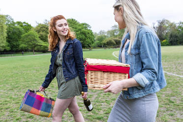 Lächelnde Freunde halten Picknickdecke und Korb beim Spaziergang im Park - WPEF05021