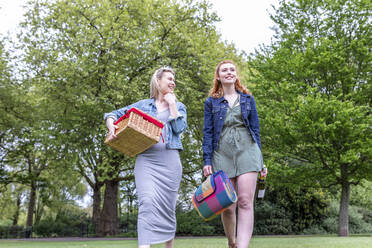 Lächelnde Freundinnen halten Picknickkorb und Decke beim Spaziergang im Park - WPEF05022