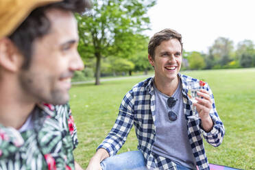 Lächelnder Mann mit Cocktail in der Hand, der bei einem Freund im Park sitzt - WPEF05040