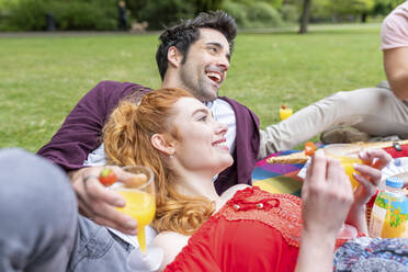 Glückliche Freunde mit Getränken beim Picknick im Park - WPEF05042