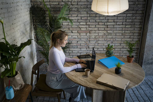 Junge Frau arbeitet zu Hause am Laptop - RCPF01176