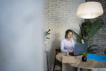 Junge Freiberuflerin mit Laptop bei der Arbeit zu Hause - RCPF01177