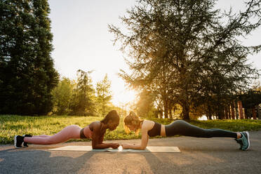 Seitenansicht von sportlichen multirassischen Sportlerinnen, die auf einer Matte eine Plank-Übung machen, während sie bei Sonnenuntergang im Sommerpark zusammen trainieren - ADSF26667