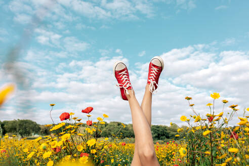 Crop unrecognizable female in bright footwear lying with crossed legs among blossoming daisies under cloudy blue sky in countryside - ADSF26696