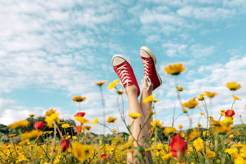 Crop unrecognizable female in bright footwear lying with crossed legs among blossoming daisies under cloudy blue sky in countryside - ADSF26697