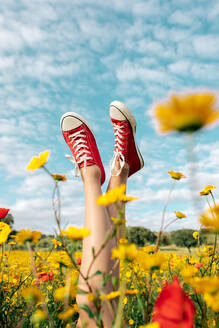 Crop unrecognizable female in bright footwear lying with crossed legs among blossoming daisies under cloudy blue sky in countryside - ADSF26698