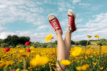 Crop unerkennbar weiblich in hellen Schuhen liegend mit gekreuzten Beinen unter blühenden Gänseblümchen unter bewölktem blauen Himmel in der Landschaft - ADSF26699