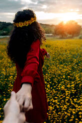 Anonyme Frau mit Blumenkranz, die ihre geliebte Ernte in der Hand hält, auf einer Wiese mit blühenden Gänseblümchen unter bewölktem Himmel bei Sonnenuntergang - ADSF26710