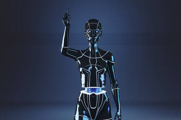 3D illustration of female cyborg walking on silver background stock photo