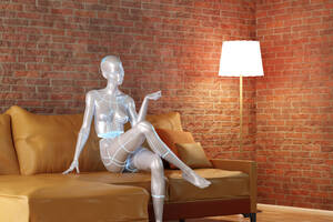 Dreidimensionales Rendering eines im Wohnzimmer sitzenden Gynoiden - SPCF01510