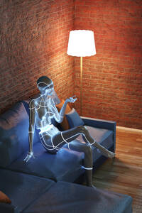 Dreidimensionales Rendering eines im Wohnzimmer sitzenden Gynoiden - SPCF01511