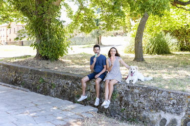Couple eating ice cream while sitting by dog on retaining wall - EIF01666