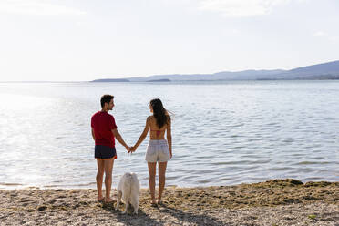 Couple holding hands while standing with dog at lakeshore - EIF01706