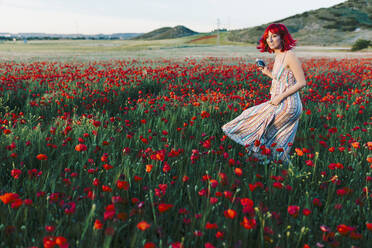 Woman holding camera while walking in poppy field - MRRF01265