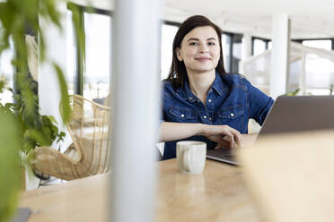 Smiling businessman with laptop sitting at office - PESF02968