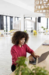 Weibliche Fachkraft arbeitet am Laptop, während sie am Arbeitsplatz sitzt - PESF02981