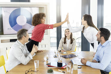 Weibliche Kollegen geben sich bei einem Treffen im Büro die Hand - PESF03011