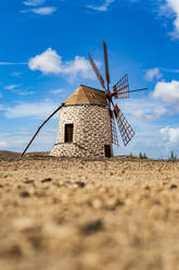 Traditionelle Windmühle in der ländlichen Landschaft von Tefia, Fuerteventura, Kanarische Inseln, Spanien, Atlantik, Europa - RHPLF20405