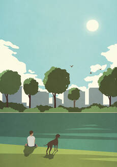 Junge mit Hund entspannt am ruhigen Teich im Stadtpark - FSIF05808