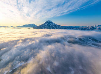 Aerial view of misty landscape over Kambalnoe Lake, Kamchatka, Russia. - AAEF09290