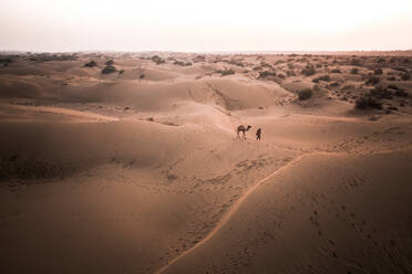 Aerial View Of Person Walking A Camel Across The Dry Sand Dunes Of The Great Indian Desert At Sunset, Rajasthan, India - AAEF09554