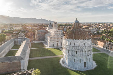 Aerial view of leaning tower of Pisa at sunrise in Italy. - AAEF09610