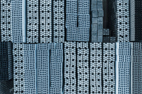 Aerial view of abstract beer barrels stored in rows, Leuven, Belgium. - AAEF09642