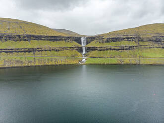 Aerial view of the Fossa Waterfall on Faroe Islands, the highest waterfall in the country, Streymoy province, Faroe Islands. - AAEF09704