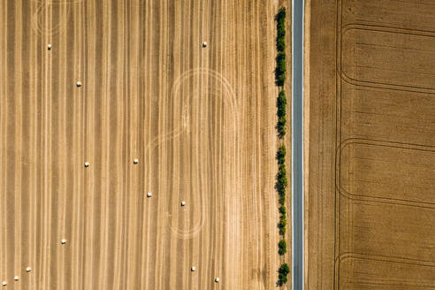 Abstrakte Luftaufnahme von Strohballen auf einem durch eine Straße unterteilten Feld in Schernberg, Deutschland. - AAEF09850
