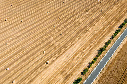 Abstrakte Luftaufnahme von Strohballen auf einem durch eine Straße unterteilten Feld in Schernberg, Deutschland. - AAEF09855