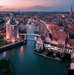 Aerial view of Enkhuizen with it's houses, Drommedaris landmark and harbour in Noord-Holland, Netherlands - AAEF10009