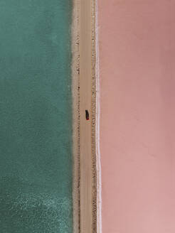 Luftaufnahme des rosafarbenen Lake McDonnell mit einem Auto, das auf der Straße fährt, die das rosafarbene Salz vom blauen Wasser trennt, Eyre Peninsula, Australien, Perspektive von oben. - AAEF10131