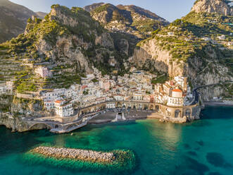 Aerial view from the sea of Atrani, an ancient little fishing village on Amalfi Coast, Italy. - AAEF10175