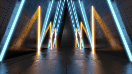 Three dimensional render of dark empty corridor illuminated by blue and yellow neon lights - SPCF01515