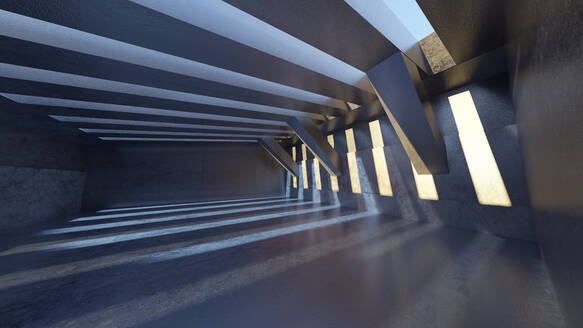 Dreidimensionales Rendering von Licht, das in einen leeren Betonkorridor fällt - SPCF01518