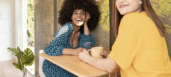 Young female friends having coffee at home - JCCMF03202