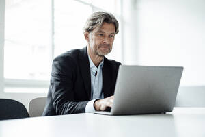 Männlicher Berufstätiger, der einen Laptop benutzt, während er im Büro am Schreibtisch sitzt - JOSEF05122